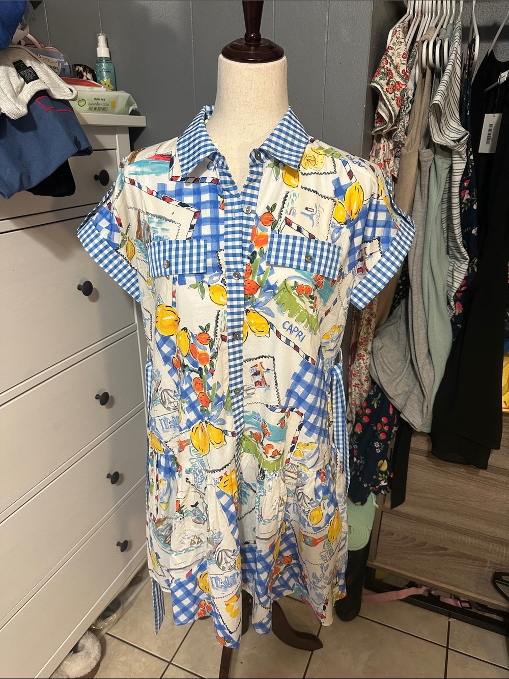 entro Blue Gingham & Lemon Print Short Sleeve Shirt Dress